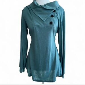 Bluetime Women’s Tunic Top Medium Teal Asymmetrical Button Neck Long Sleeve NWT